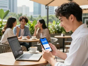 Engaging modern scene showcasing Go 99 mobile data plan usage in an urban café setting.