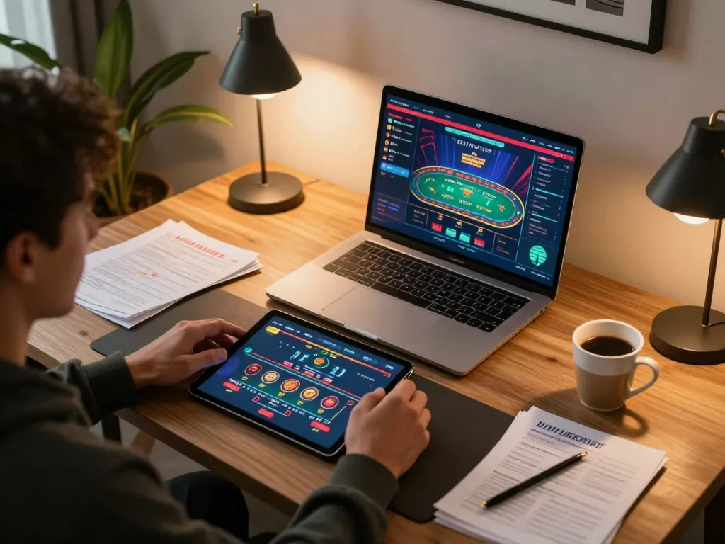 Engaging in online casino gaming at https://lu88y.com/ with a tablet and strategy notes on the table.