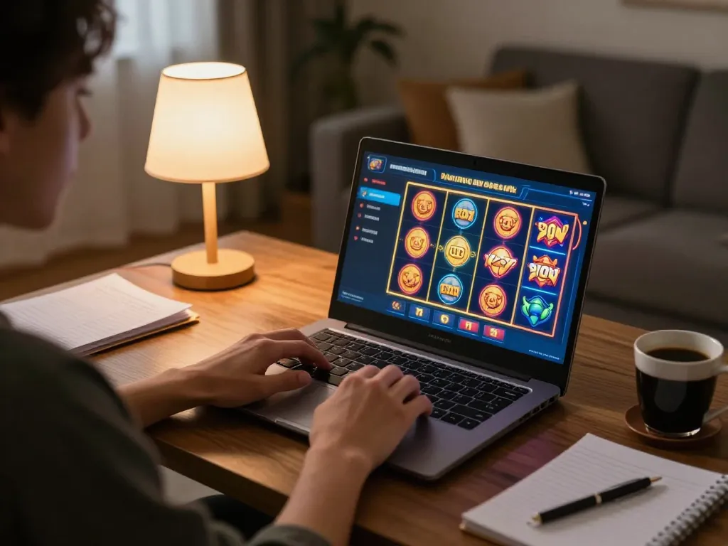 Engaging in online casino gameplay at home, exploring okfun's vast gaming options in a cozy setup.