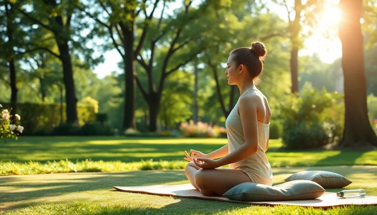 Individual meditating in a tranquil park environment, reflecting on stress and anxiety.