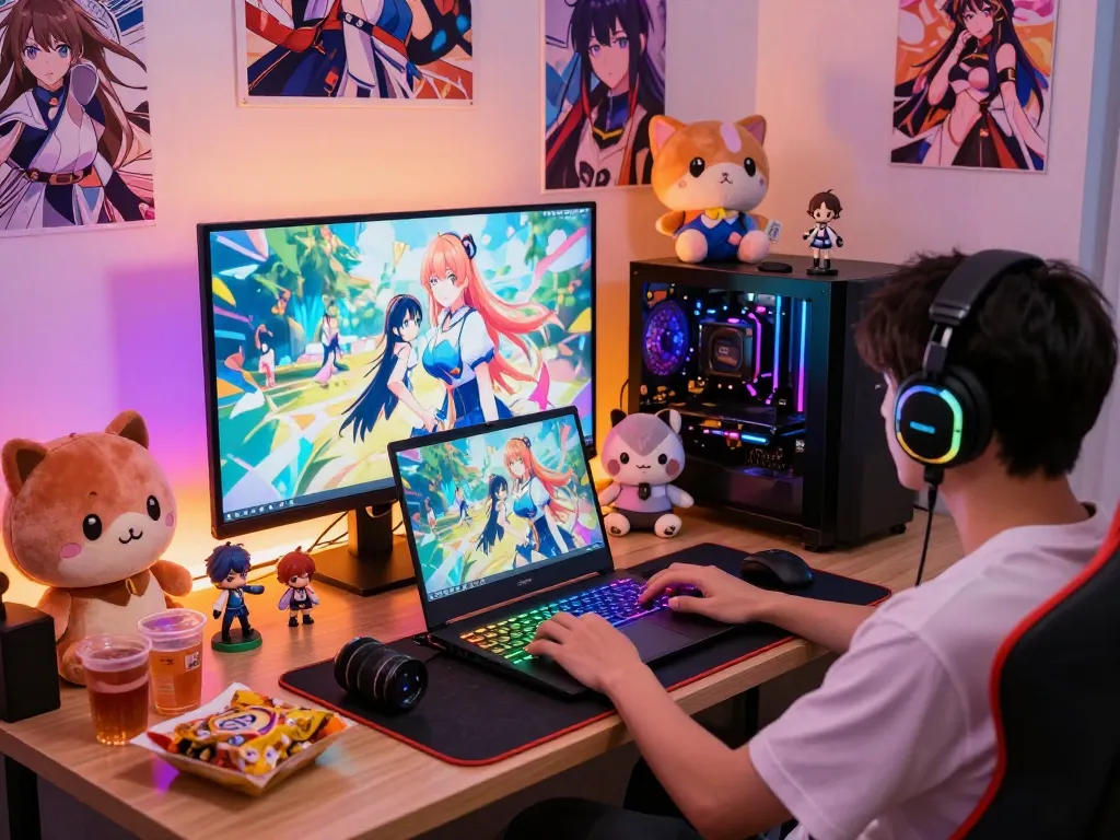 Exciting gaming setup featuring hentai games in a cozy atmosphere with colorful decor and immersive visuals.