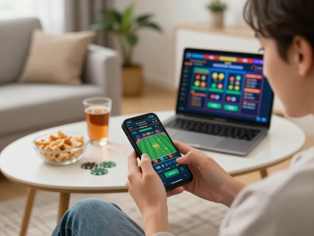Person actively gambling on https://www.dacsandatphanrang.com/ with a smartphone in a cozy home setting while enjoying snacks and drinks