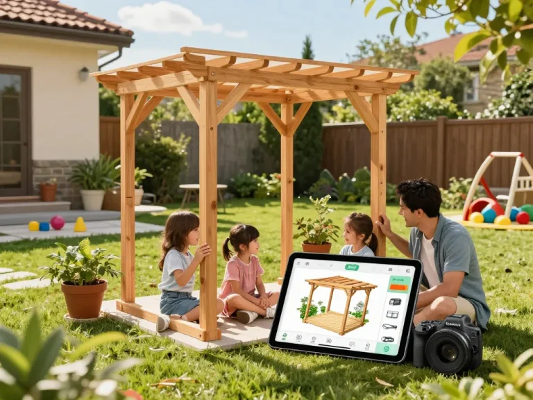 Family configuring a 3D pergola using a tablet in a beautiful backyard.