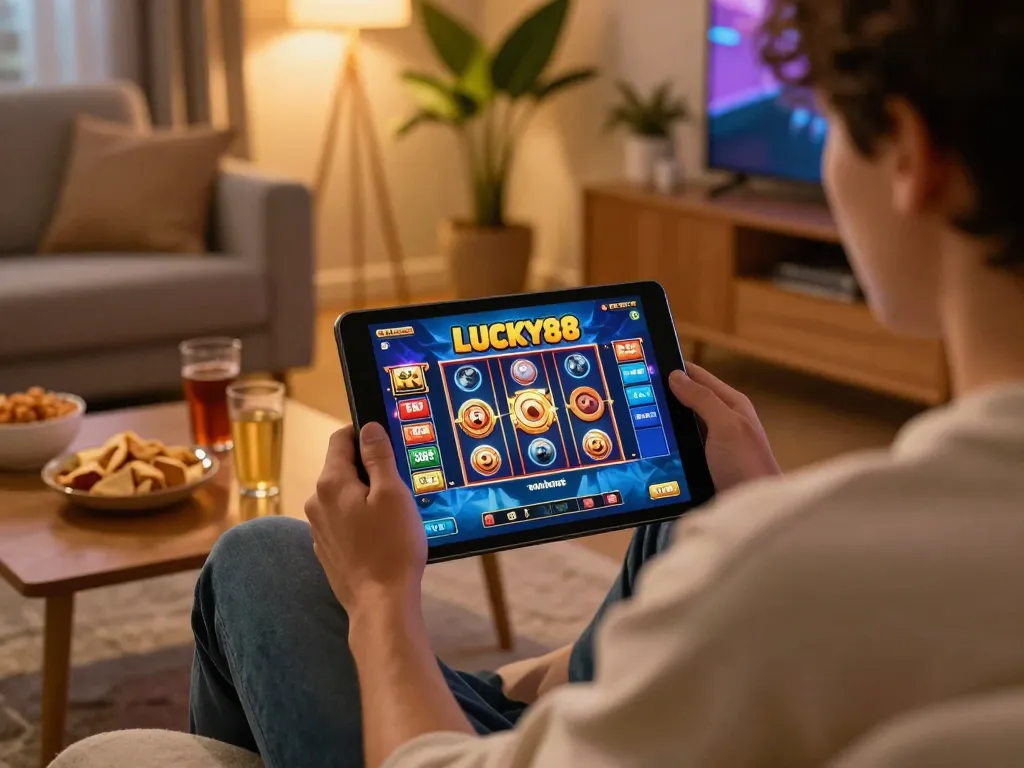 Playing LUCKY88 slot game on tablet in cozy home setting with snacks and warm lighting