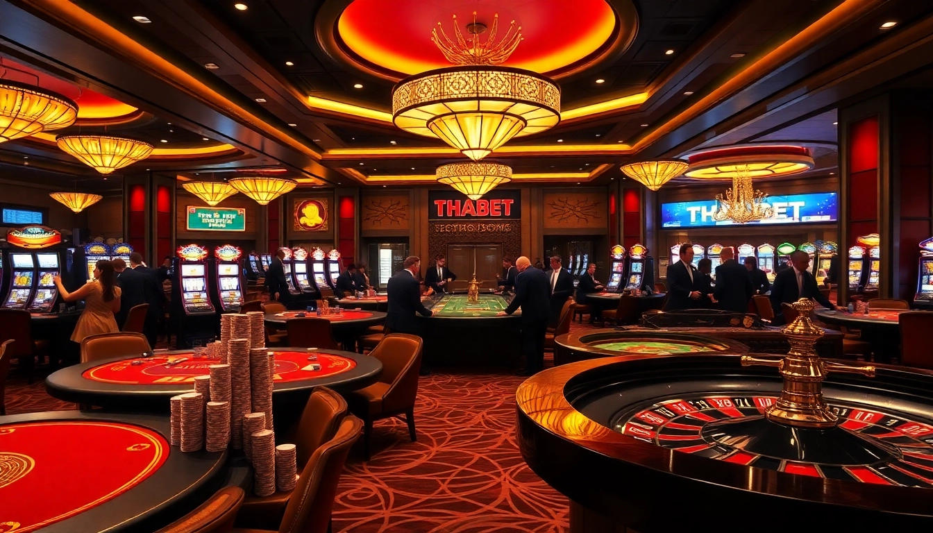 Players enjoying a thrilling game at THABET casino, featuring vivid tables and luxury decor.