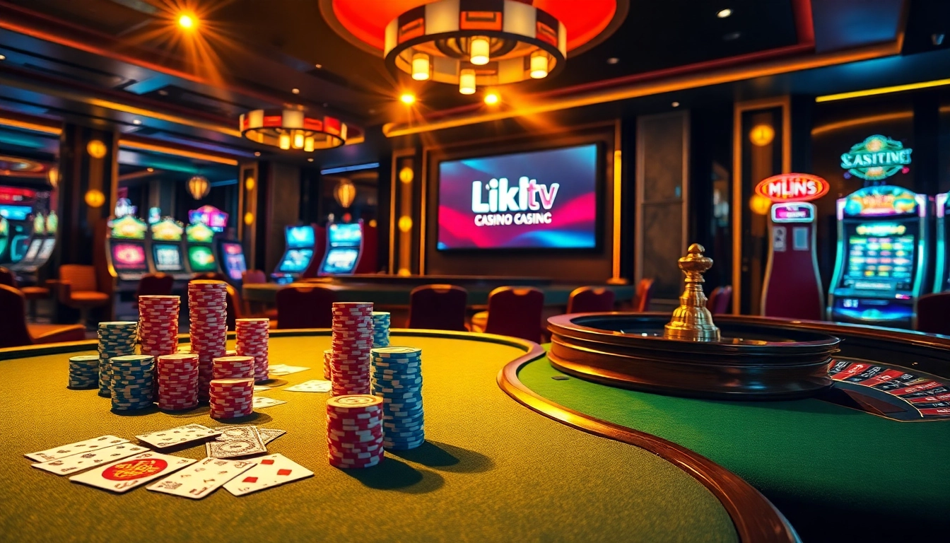 Experience the excitement of gambling with the cakhiatv link in a vibrant casino scene featuring poker and roulette.