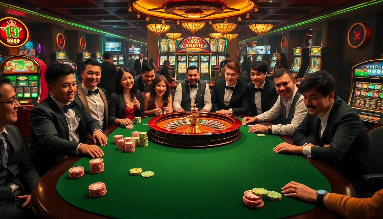 Players enjoying a thrilling game at U888.COM poker table, surrounded by vibrant casino elements.