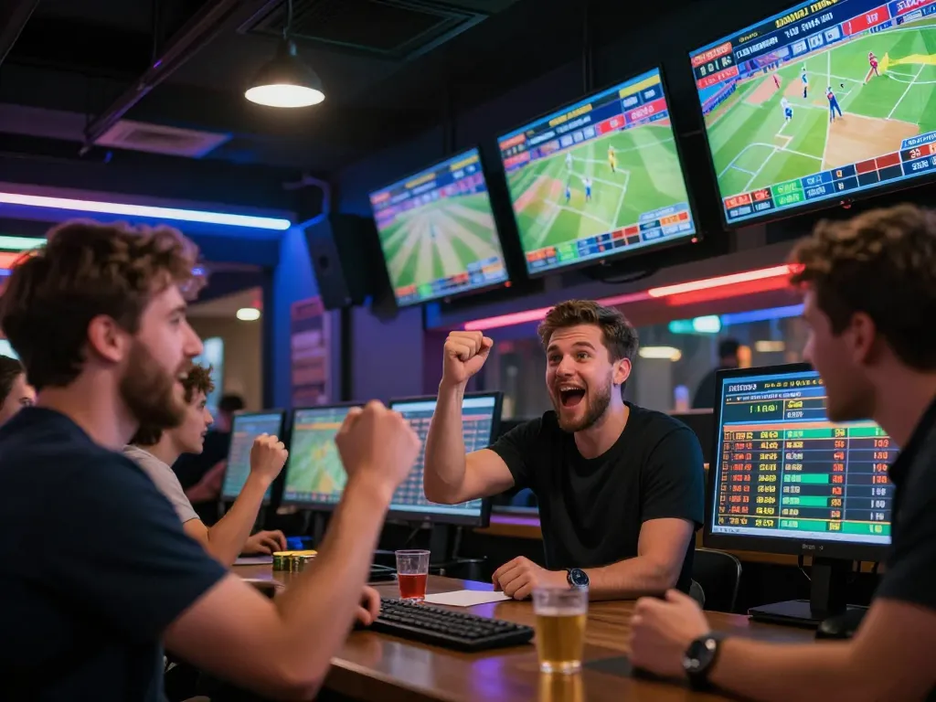 NET88 sports betting atmosphere with bettors engaged in live match action, celebrating and strategizing.