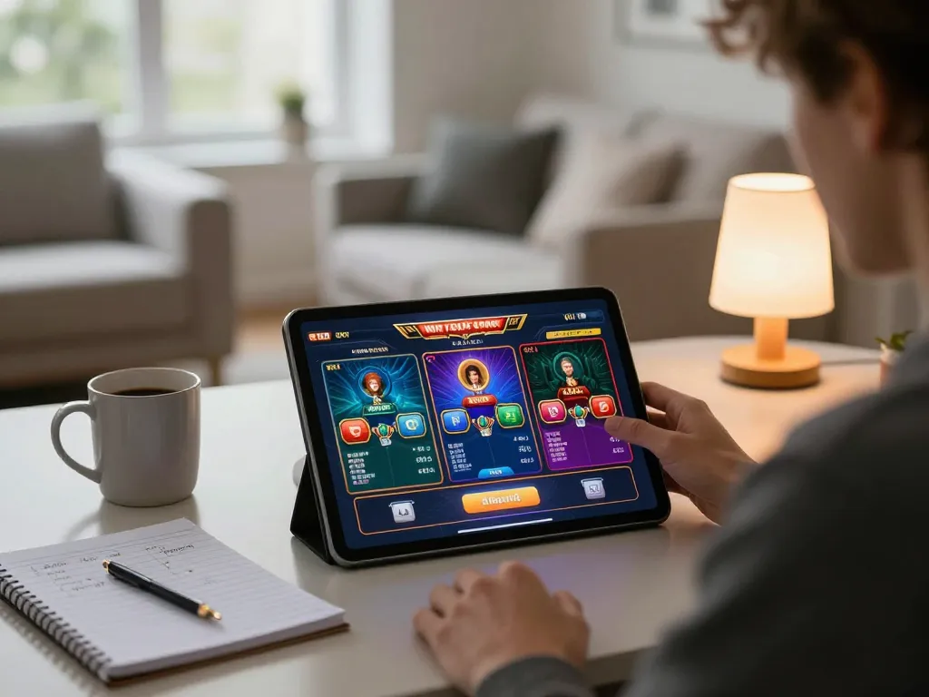 11Win player excitedly engages with online casino games on tablet in a cozy setting