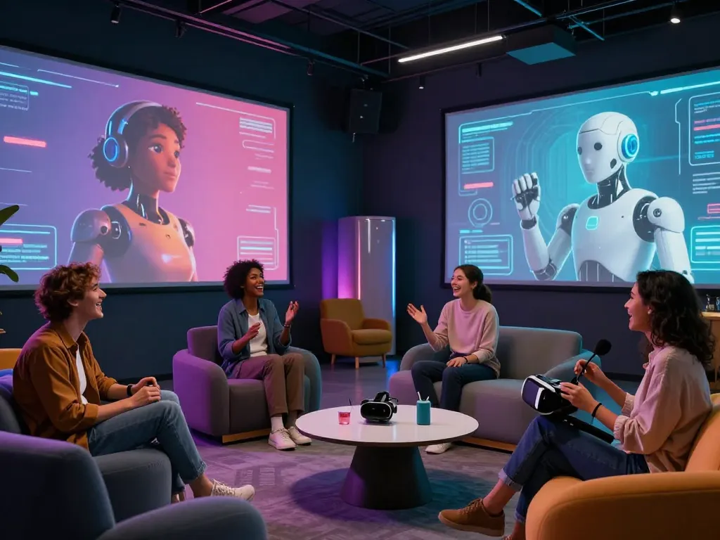 Users enjoying engaging crush on AI character interactions in a vibrant tech environment.