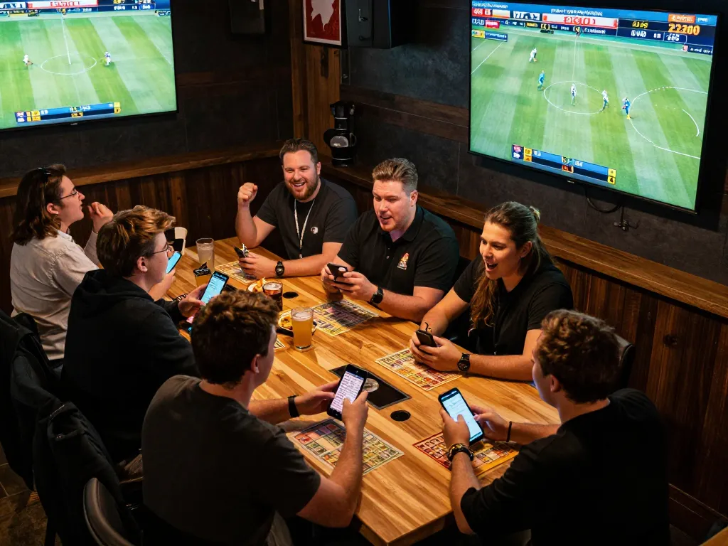 Excited sports bettors engaging with DA88 betting app during a live game event