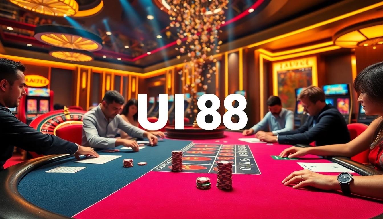 Players engaged in an intense game at UU 88 casino with vibrant poker and roulette tables.
