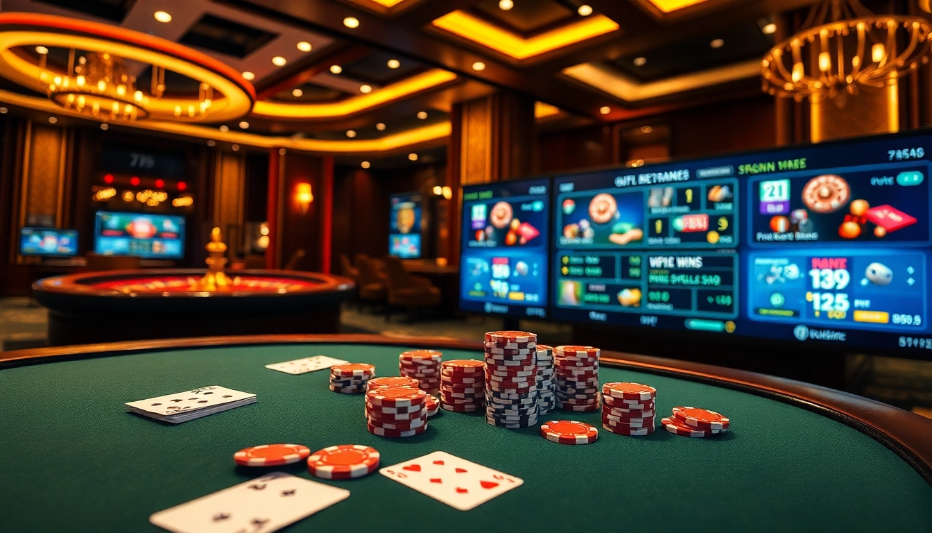 Engaging scene of a bustling casino at five88m.net with cards and chips spread on a poker table.