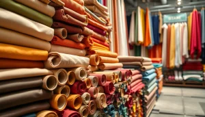 Stof kopen per meter met diverse kleuren en texturen weergegeven in een stoffenwinkel.