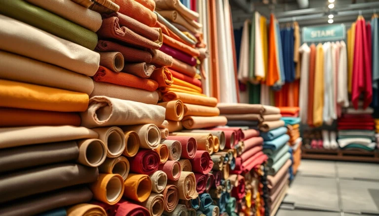 Stof kopen per meter met diverse kleuren en texturen weergegeven in een stoffenwinkel.