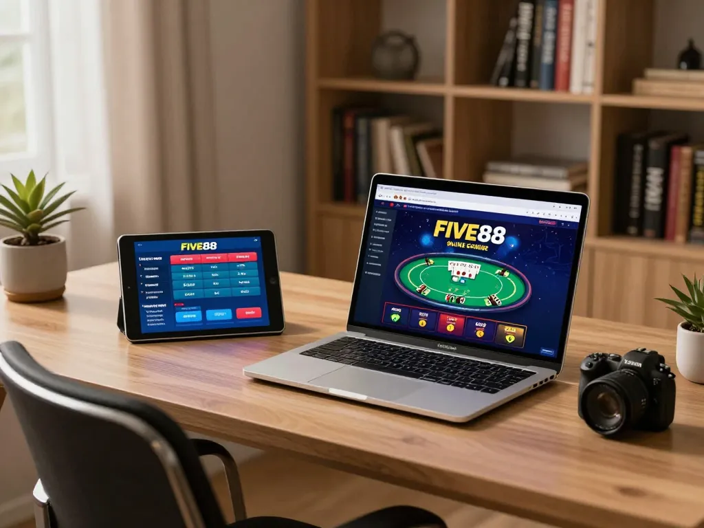 Engaging online poker game on Five88 platform with cozy home office setup.