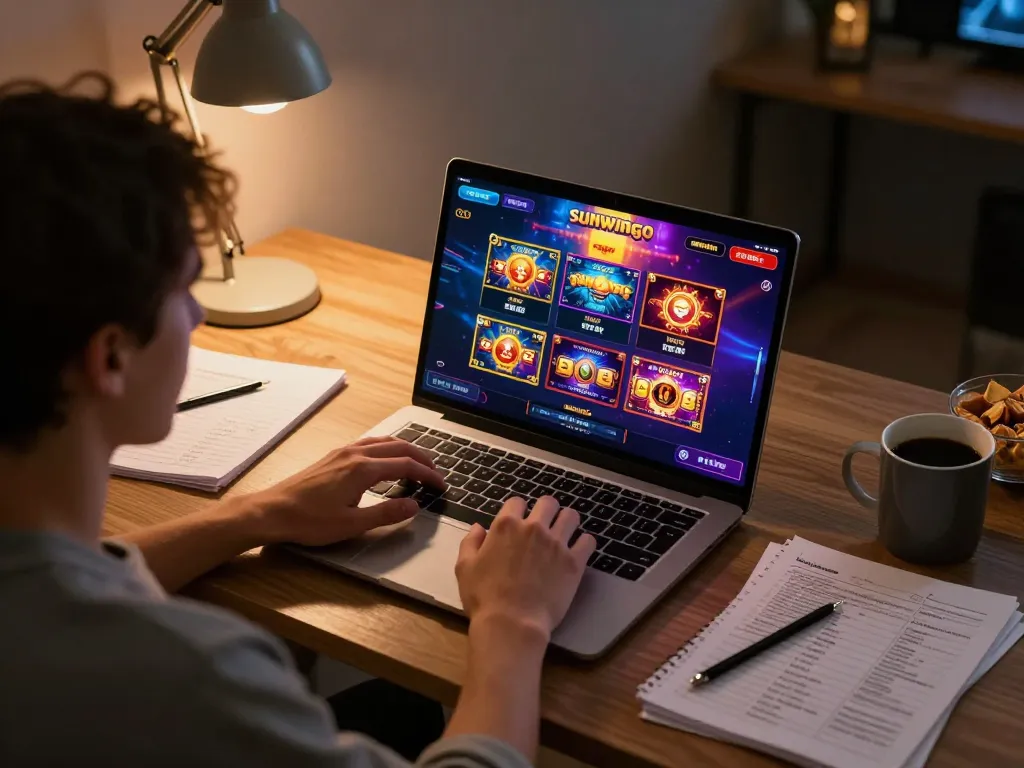 Play sunwingo with a vibrant online gaming interface in a cozy setting