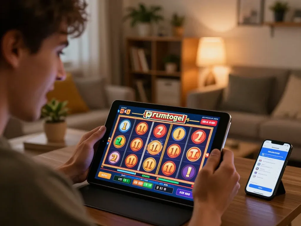 Player celebrating a win on rusuntogel slot machine with colorful reels in home setting.