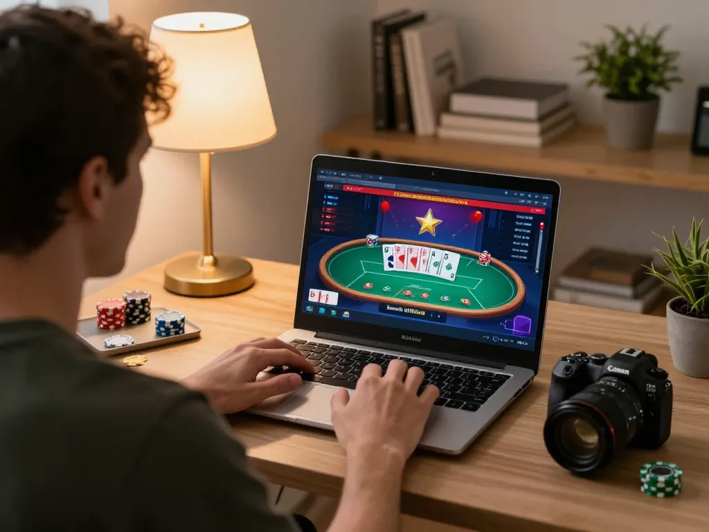 Engaging in a Sunwin online casino game with a poker interface displayed on a laptop.