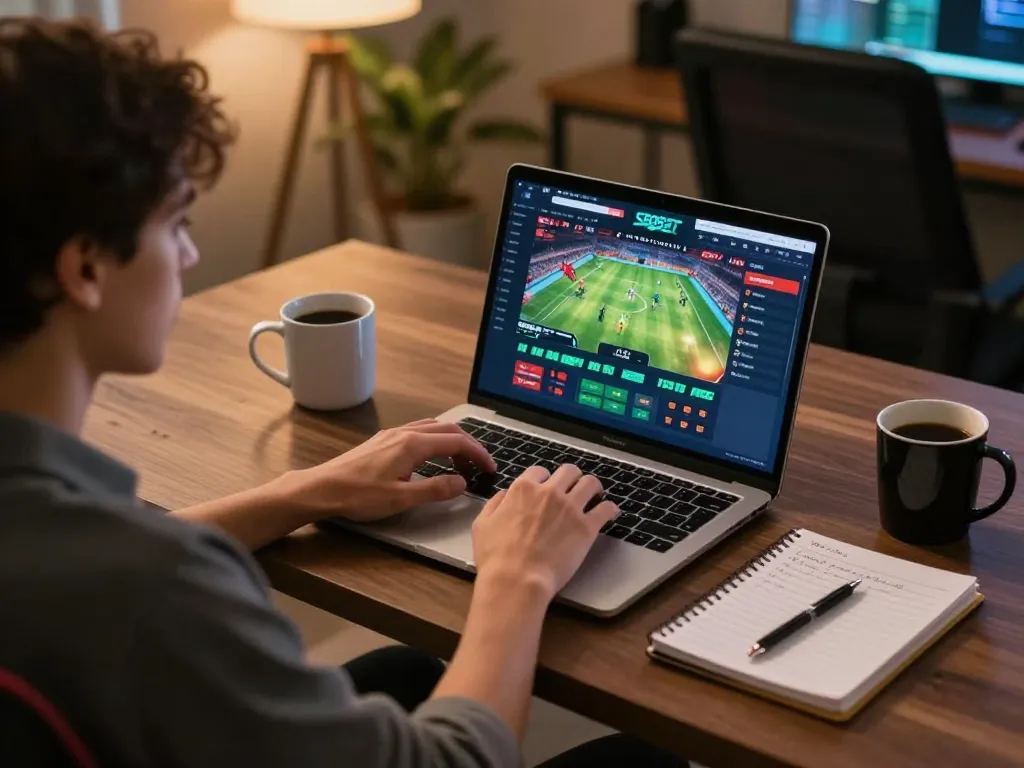 Taruhan online SBOBET ditampilkan di laptop dengan suasana rumah yang menyambut dan catatan strategi.