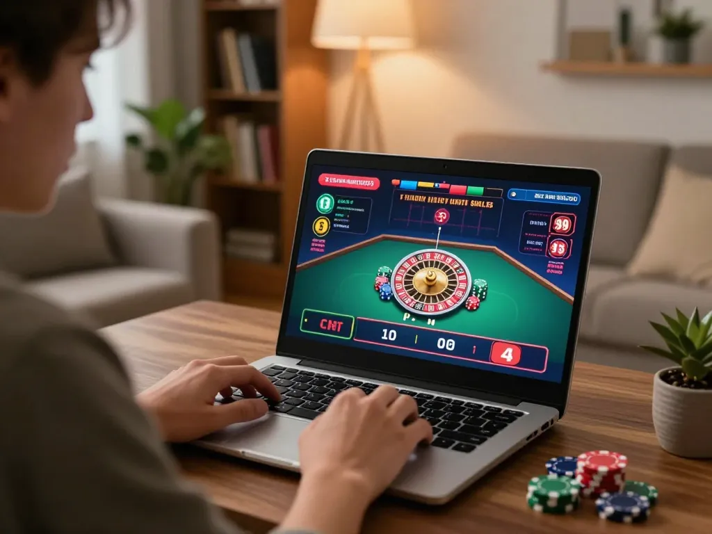 Engaging in online gambling on tr88 with live dealer roulette game interface displayed on laptop.