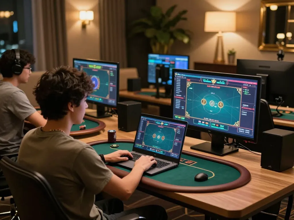 Player enjoying online poker at home with TR88 interface displayed on laptop