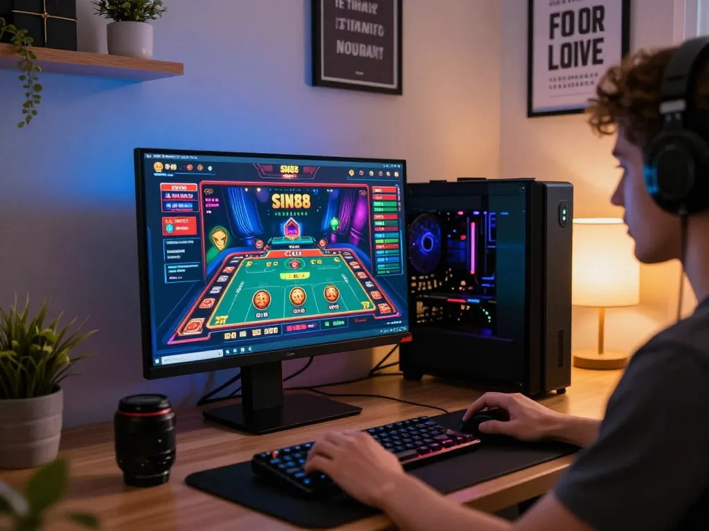 Engaging online gameplay at Sin88 with vibrant interface and cozy home office setting.
