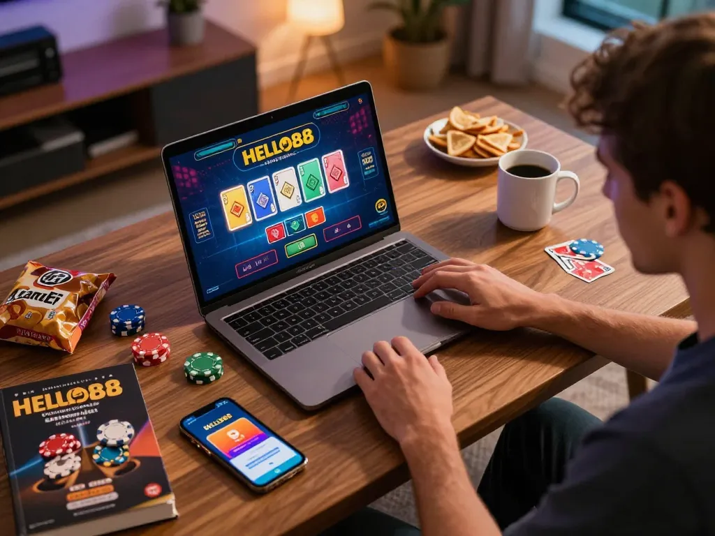 Player engaging with HELLO88 live dealer game on laptop in a cozy home setup.