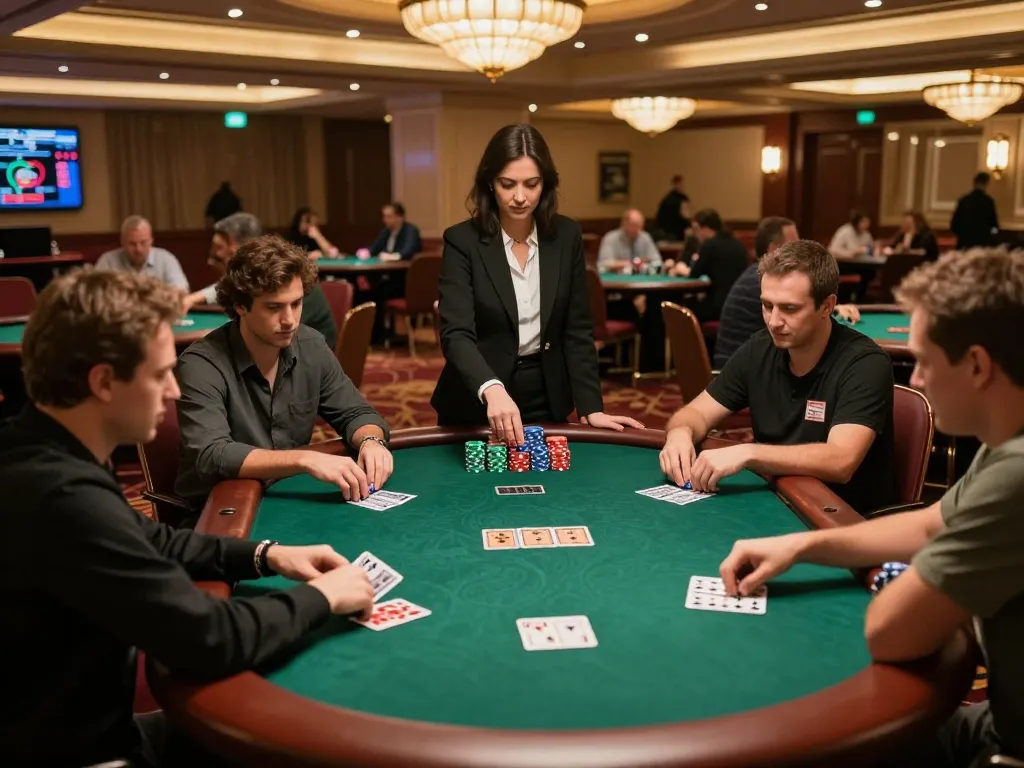 Link vào UU88: Engage in strategic poker gameplay at a luxurious casino with players analyzing their cards.