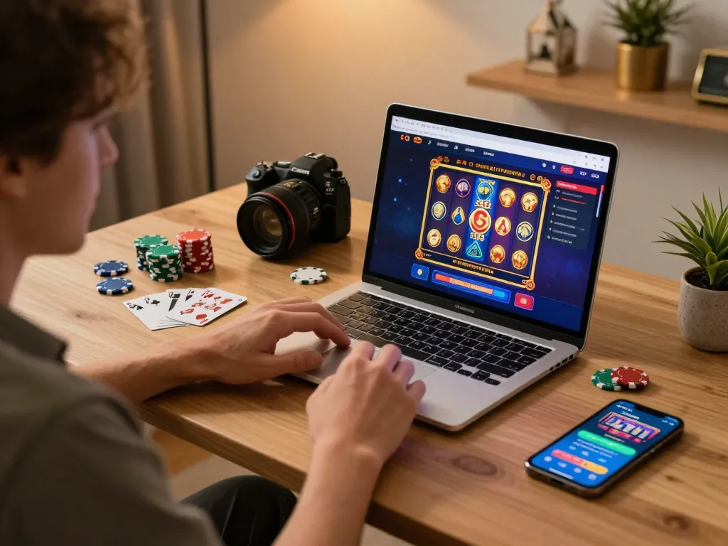Experience the thrill of online gaming at go8 with immersive slot games in a cozy home setup.