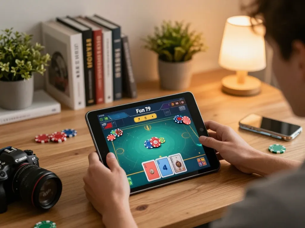 Engaging moment in the game Fun 79 as a player strategizes with virtual chips and cards.