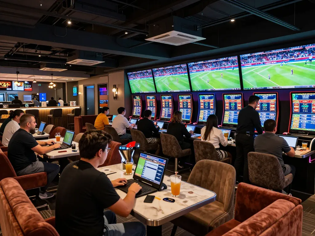 Patrons experiencing live sports betting at bsport com lounge with modern screens and high tables.