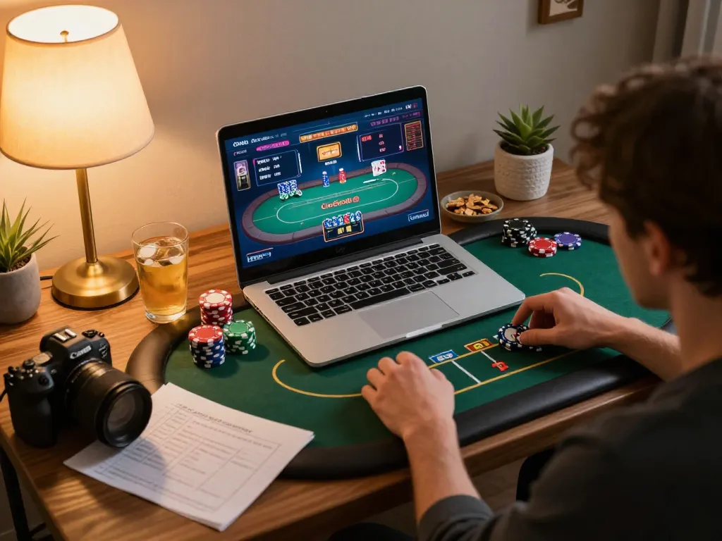 Engaging poker gameplay at OnBet on a laptop, showcasing strategy and fun atmosphere.