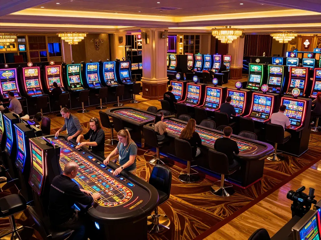 Players enjoying dynamic games at LC88 casino, vibrant atmosphere with slot machines and roulette tables.