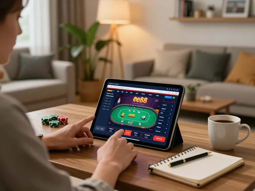 Player engaging with ee88 online casino on tablet, showcasing home gaming setup with cozy atmosphere