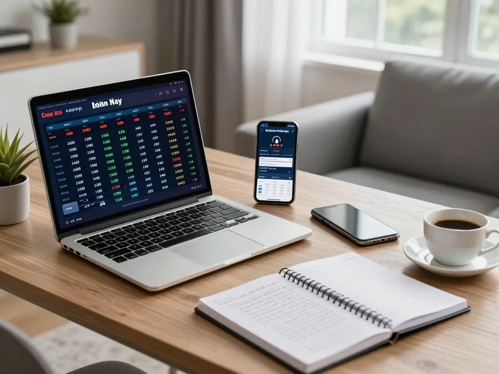 Tỷ lệ kèo nhà cái hôm nay with a person analyzing sports betting opportunities on a laptop at home.