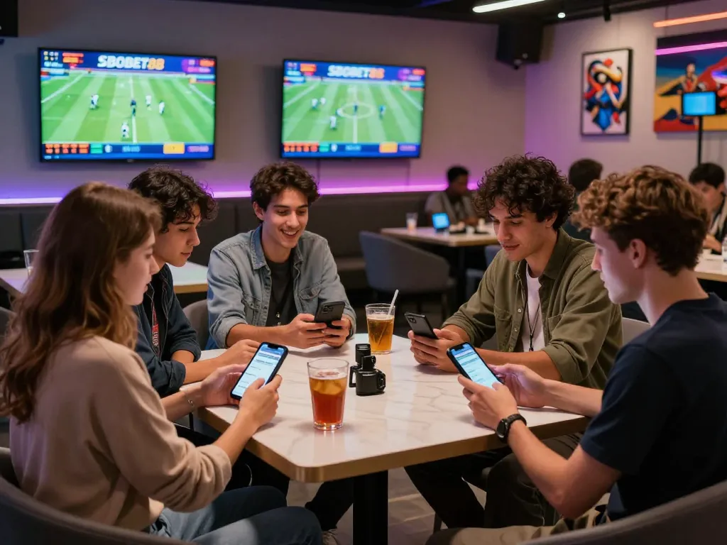 Excited group enjoying SBOBET88 sports betting in a modern lounge.