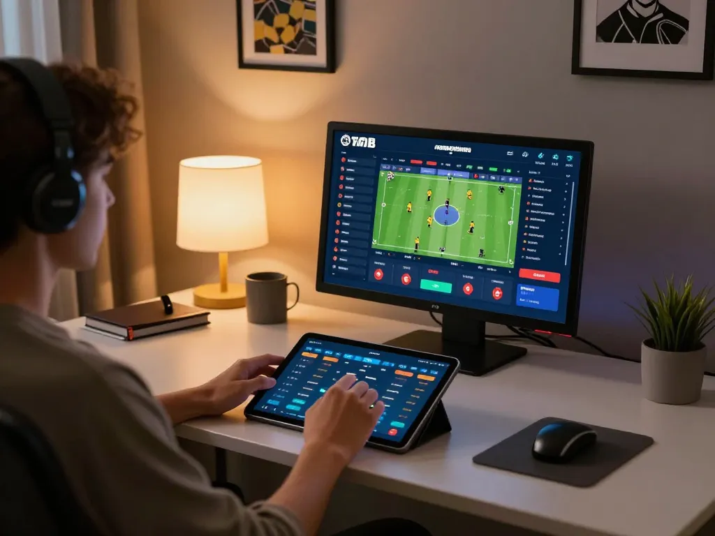 Placing bets at nhà cái UU88 on a sleek tablet in a cozy gaming setup