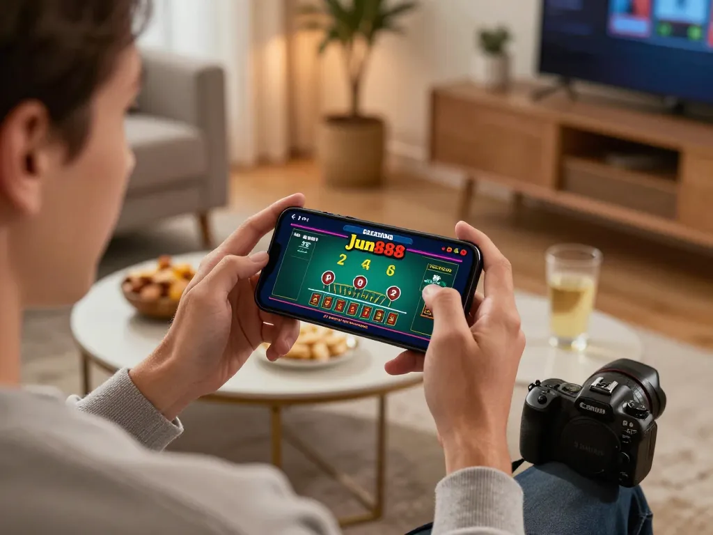 User engaging with the jun888 app for an exciting blackjack game experience on smartphone in a cozy home setting.