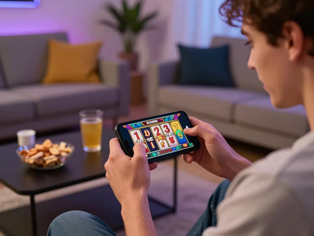 Player engaging in mobile gaming on nhà cái tt88 with slot reels displayed on phone, cozy home atmosphere.