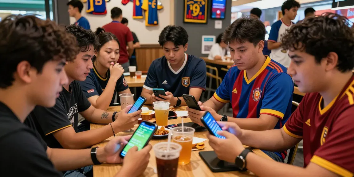 Excited friends analyzing kèo nhà cái during a football match in a vibrant venue.
