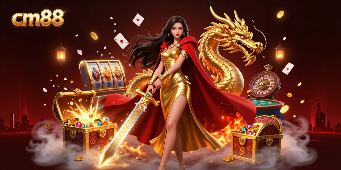 Engaging cm88 gaming scene with a warrior queen and dragon, surrounded by casino elements.