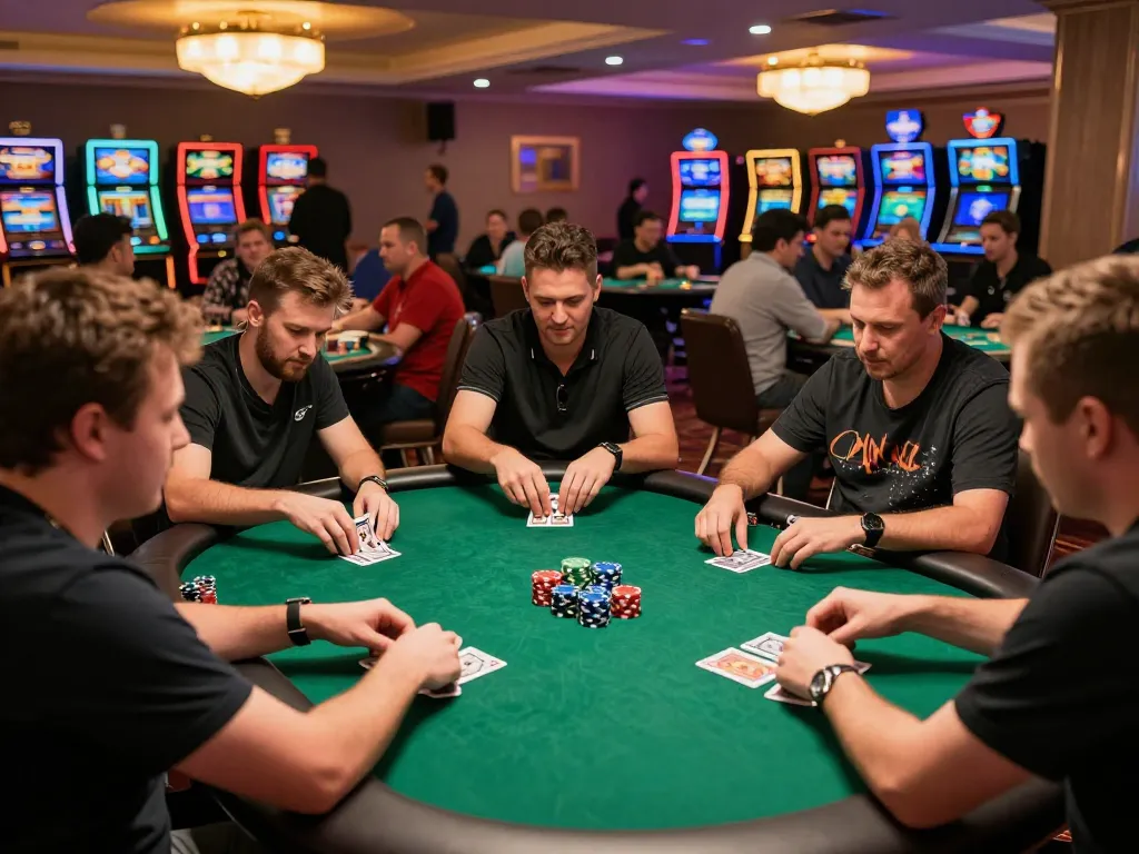 Players engaging in a thrilling poker game at F168bet casino, showcasing high-stakes excitement and competitive atmosphere.