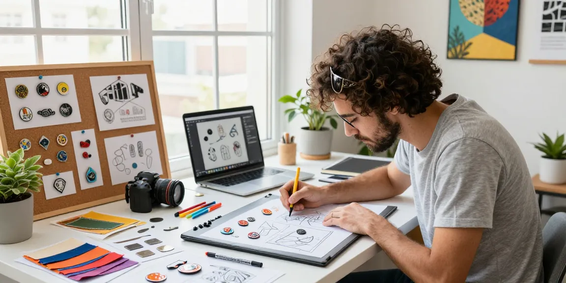 Designer creating custom pins in a bright, inspiring workspace with colorful sketches and materials.