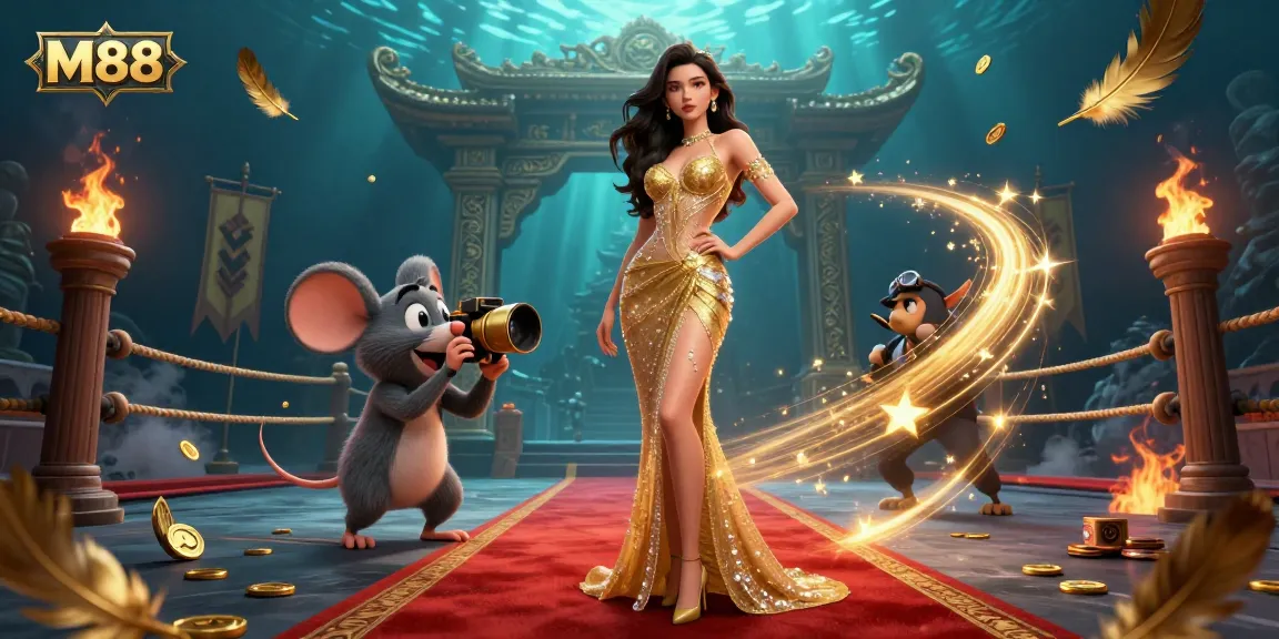 M88 offers thrilling gaming experiences with a bold woman in golden gown and sparkling effects at the casino.