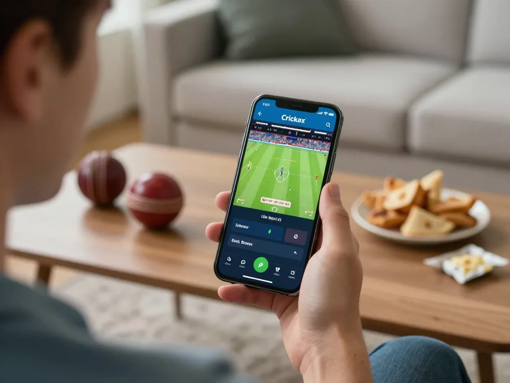 Placing bets on the Crickex app during a live cricket match, showcasing excitement and engagement.