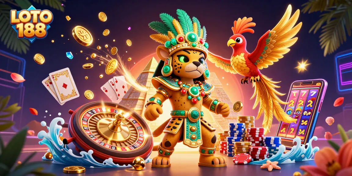 Engage with LOTO 188’s vibrant 3D casino scene showcasing thrilling elements like golden coins and a roulette wheel.