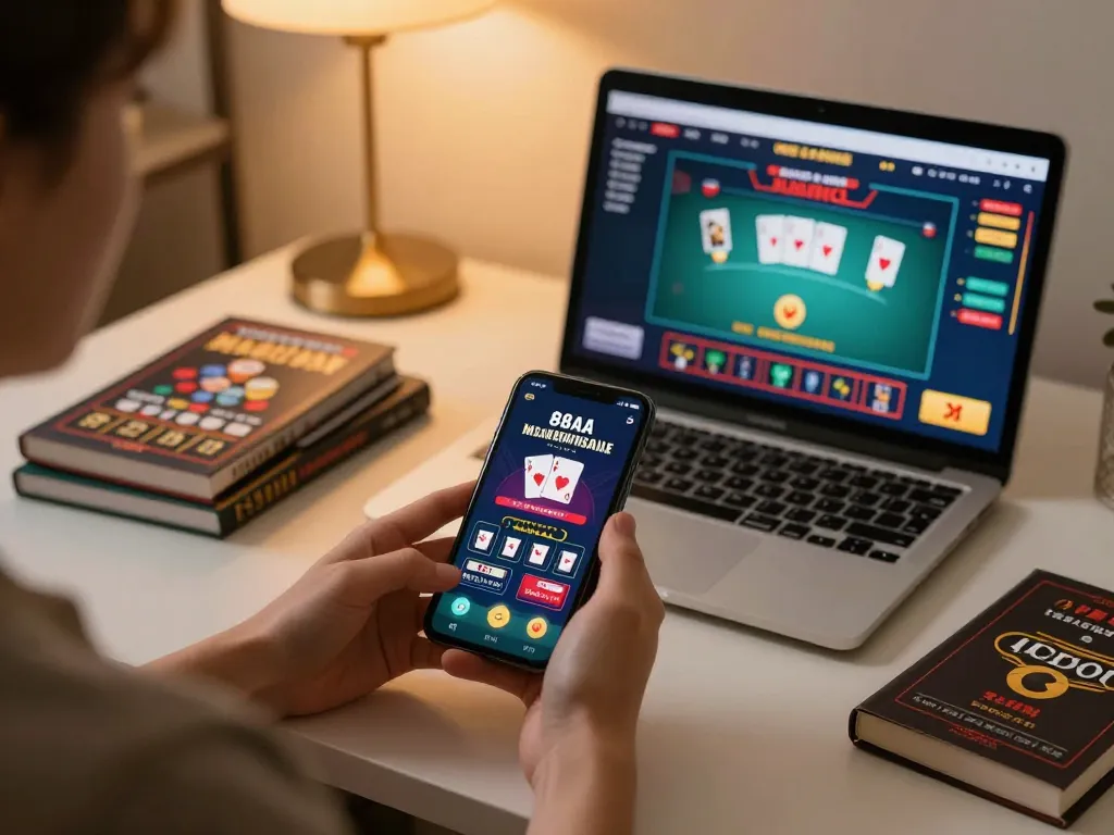 Player engages with the 88aa mobi casino app amidst a cozy gaming environment, balancing strategy and entertainment.