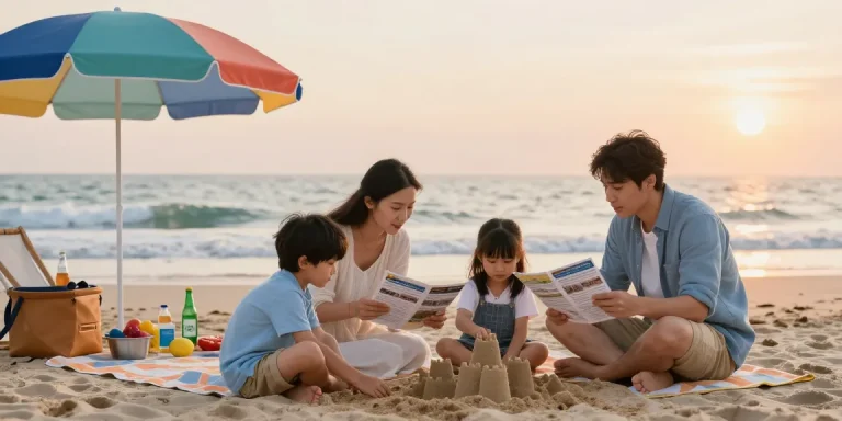 A family discussing the best timeshare exit companies at a beach, enjoying their vacation planning.