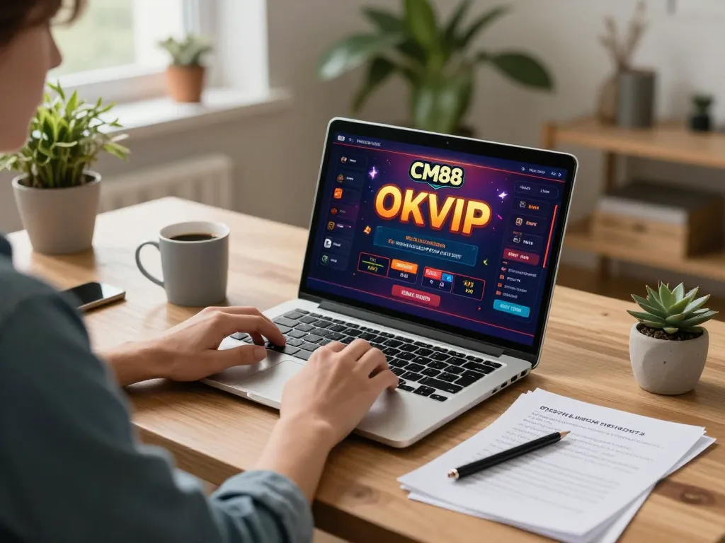 Engaged player enjoying CM88 OKVIP online gaming experience from cozy home setup with strategies.